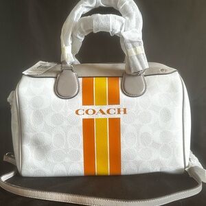 COACH White Satchel with Orange & Yellow Racing Stripes